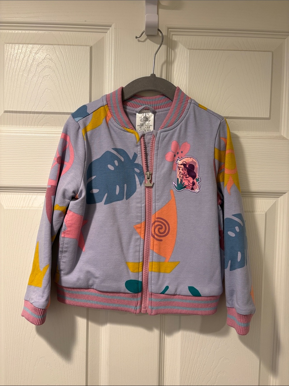 Disney Moana Girls Lavender Tropical Print Zip Bomber Jacket with Sailboat Patch